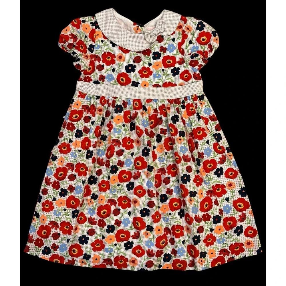 Janie and Jack Floral Dress 5T Peter Pan Collar Tie Back Cotton Lined Summer